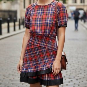 Tanya Taylor Nicole Dress- Red and Blue Plaid Mini Dress